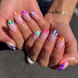 French Tip Press on Nails Hawksbill Turtle Stick on Nails Medium Almond Fake Nails Colorful Glue on Nails Full Cover Acrylic Nails Cute Nude False Nails Glossy Artificial Nails for Women Girls 24Pcs