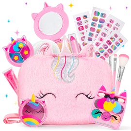 ULOVEME Kids Real Makeup Kit for Little Girls - Real, Non Toxic, Washable Make Up Toy - Umicorn Toys Gift for 3 4 5 6 7 8 9 10 12 Years Old Girls Birthday (Pink Crossbody Bag)