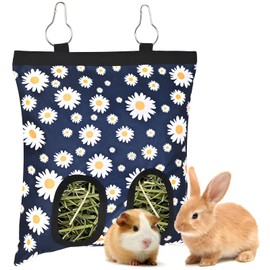Upgraded Rabbits Hay Feeder Bag for Bunny, Guinea Pigs, Chinchillas - Hanging Washable 2-Hole Hay Dispenser with 600D Oxford Fabric, Small Animal Cage Accessories (Blue Daisy)