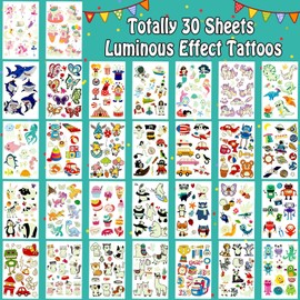 Leesgel Party Bag Fillers for Kids, 380 Styles(30 Sheets) Luminous Temporary Tattoos Stickers for Children Birthday Party Favours, Gifts for Girls Boys Toys Party Games Stuff Supplies