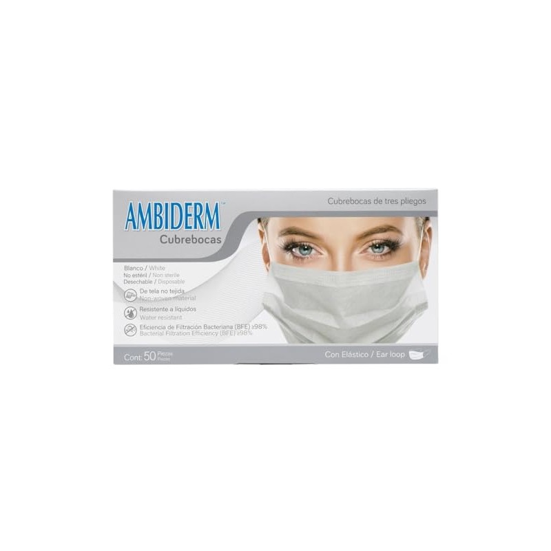 Ambiderm Cubrebocas 3 Capas Plisados Ajuste Nasal Colores (Blanco)