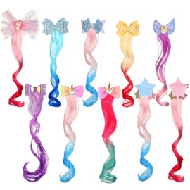 10 Extensiones de Cabello Rizado de Color con Clips de Lazo 12,6 Pulgadas Pinza para Pelo con Peluca Rizada Trenzada con Lazo de Unicornio para Niñas