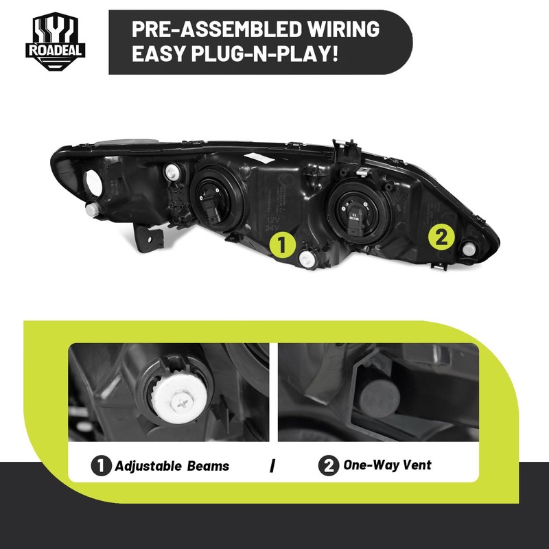 ROADEAL Headlights W/Bulbs for 2006-2011 Honda Civic 4-Door Halogen Headlamp