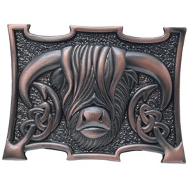 Scottish Heilan Coo Kilt Belt Buckle – Highland Cow Pewter Buckle, Elegant Celtic Accessory for Men, 10cm x 7.6cm (Bronze Finish)