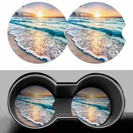 Sea Wave and Sky at Sunset Car Cup Holder Coaster 2 Pack Absorbent Ceramic Car Coasters for Cup Holders Car Accessories Interior Universal Anti Slip Cork Base Cup Coasters with Finger Notch