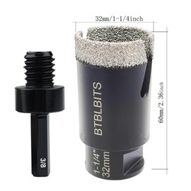 Dry Diamond Core Drill Bit Set 1-1/4” 32mm Vacuum Brazed Tile Hole Saw for Granite Quartz Marble Granite Ceramic Porcelain with 5/8-11 Thread & 3/8” Hex Shank Adapter Fit Angle Grinders & Drills