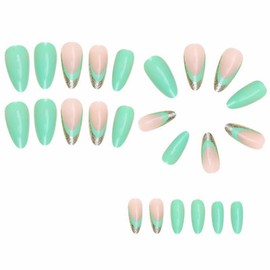 MERVF Green French Tip Press on Nails Medium Fake Nails Glitter Almond Glue on Nails Press ons with Design Glossy 24pcs Stiletto Acrylic Nails Artificial Luxury False Nails