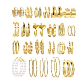 Juego de 23 pares de aretes de aro de oro de 14 quilates para mujer, arete de perlas gruesas, paquete múltiple de arete trenzados, hipoalergénicos, de moda, pequeños aretes grandes