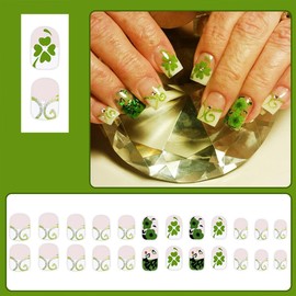 24Pcs St. Patrick's Day Press on Nails Short Square French Tip Fake Nails Green Shamrock Heart with Rhinestones Design Glitter False Nails Full Cover Artificial Glue on Nails Stick on Nails for Women