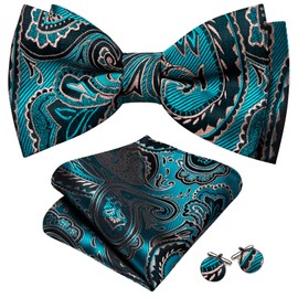 Barry.Wang Teal Black Bow Tie Set Men Paisley Silk Pre-Tied Bowtie Handkerchief Cufflinks Formal Wedding Party Prom