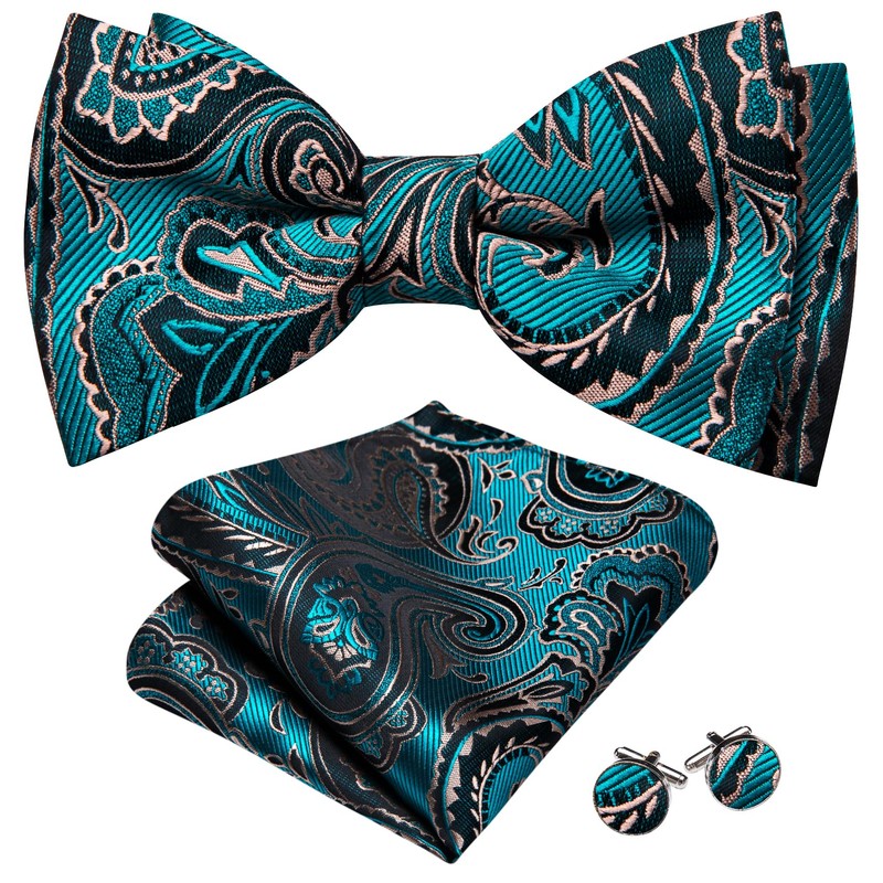 Barry.Wang Teal Black Bow Tie Set Men Paisley Silk Pre-Tied