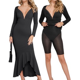 Popilush Long Sleeve Dress for Wedding Guest Lace Shapewear Dress Deep V Neck Maxi Dresses Black