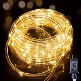 Minetom Rope String Lights Outdoor, 200 Led Waterproof Powered Fairy Lights with Adapter, Copper Wire PVC Tube Lights for Garden Wedding Christmas Party Decor, Warm White