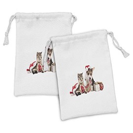 Ambesonne Christmas Fabric Pouch Set of 2, Dog and Cat in Santa Hats Surprise Boxes and Balls New Year Celebration, Small Drawstring Bag for Toiletries Masks and Favors, 9" x 6", Red White Brown