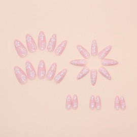Pink Press on Nails Almond Medium Fake Nails with White Flower Designs Glitter Nails Press ons Spring Glue on Nails Summer False Nails Wear Simple Acrylic Nails Cute Stick on Nails for Women 24Pcs
