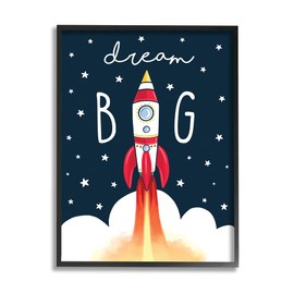 Stupell Industries Dream Big Sentiment Rocket Blast Off Starry Clouds, Designed by Elizabeth Tyndall Black Framed Wall Art, 11 x 14, Blue