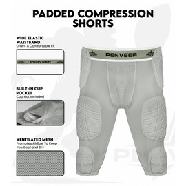 Penveer 7.0 Youth Football Girdle for Boys with Cup Pocket - Padded Compression Shorts with Integrated Hip, Thigh, Knee & Tailbone Pads for Maximum Protection (Grey, YXL)