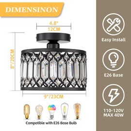 1-Light Crystal Ceiling Light Fixture Black Semi Flush Mount Chandelier with Drum Shade Dia 9" Lighting Fixtures for Hallway Kitchen Entryway Bedroom Laundry Room