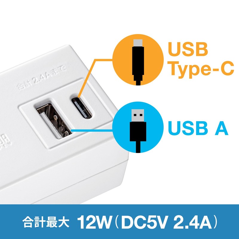 Sanwa Supply TAP-MUC1AC2W Mobile Tap (AC x 2 + USB-A