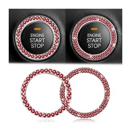 Car Bling Crystal Rhinestone Engine Start Ring Stickers, 1 Single Drainage Drill and 1 Double Drainage Drill Car Start Button Cover, Key Ignition Knob Bling Ring Decals, Bling Car Accessories(Set Red)