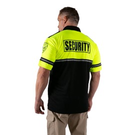 RYNO GEAR Security Badge and Patch Two Tone Bike Patrol Polo Shirt with Zipper Pocket and Reflective Hash Stripes (Lime Green & Black) Medium