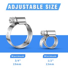 24PCS Adjustable Hose Clamps, 304 Stainless Steel Worm Gear Clamp, 1/2"-3/4"(13-19mm), Rolled Edge No Perforations, Reusable Pipe Clamp for Homes, Automotive, General Piping, Industrial