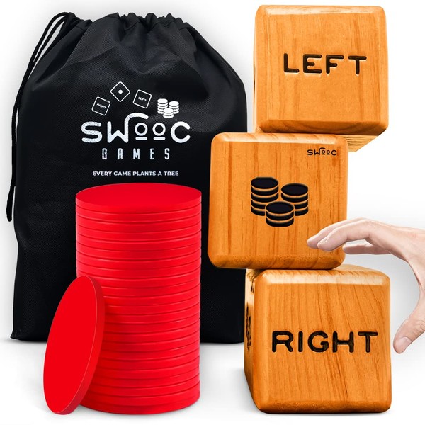 SWOOC Games - Giant Right Center Left Dice Game (All Weather) with 24 Large Chips & Carry Bag - Jumbo Wooden Lawn Game - Big Backyard Game for Family - Indoor/Outdoor