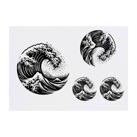 4 x 'Tsunami Ocean Wave' Temporary Tattoos - Water Resistant, Skin-Safe, Non-Toxic Transfers, Mixed Sizes (TO00076334)