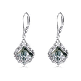 POPLYKE Lotus Flower Earrings 925 Sterling Silver Teardrop Leaf Moss Agate Dangle Earrings for Women Lotus Jewelry Birthday