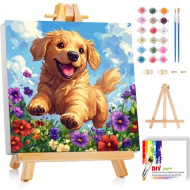 Dog Paint by Numbers Kit for Kids with Frame - Cute Dog Paint by Number for Kids, Kid Painting by Number Kits Age 8-12 for Home Wall Decor 8X8inch (with Wooden Easel)