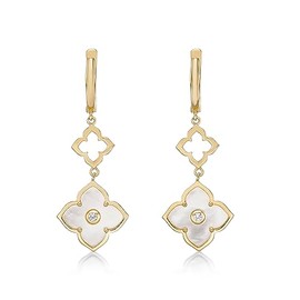 Mother of Pearl with Cubic Zirconia Flower Dangling Drop Earrings for Women in 925 Sterling Silver with Yellow Gold Plating and Hinged Back by Lavari Jewelers