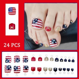 America Flag Press on Toenails Short Square Fake Toe Nails Independence Day Glitter False Toenails Full Cover Fourth of July Stick on Toenails Artificial Toenails for Women Girls Manicure 24Pcs