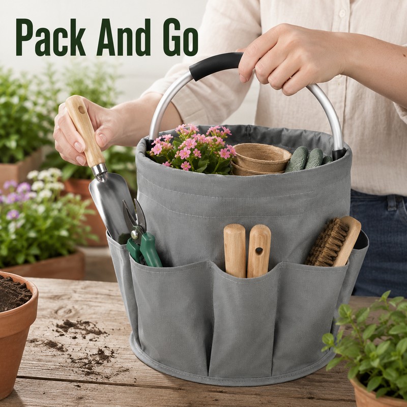 17L Garden Tool Storage Basket for Gardening - Foldable 6-Pocket