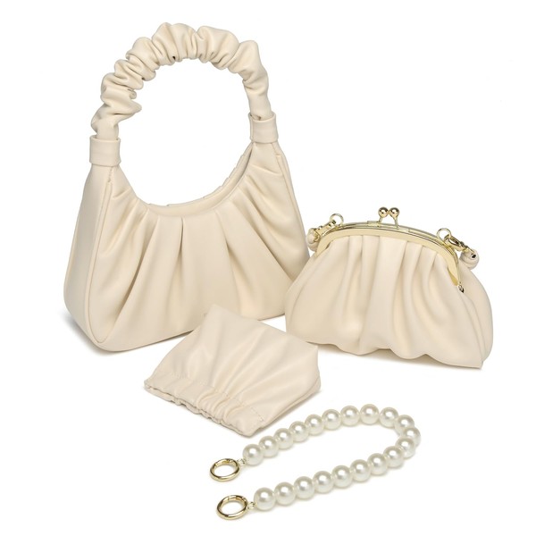 4pcs Women-Handbag with Purse Gabbi-Ruched-Hobo-Bag Set - Beige