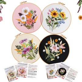 Huimai Embroidery Starter Kit 4 Pack Floral Cross Stitch Beginner Kit with Plastic Hoop, Instructions and Threads, Full Range of Embroidery Kits for Adult