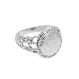 Elegant Monogram Sterling Silver Cutwork Band Ring with CZ Accents