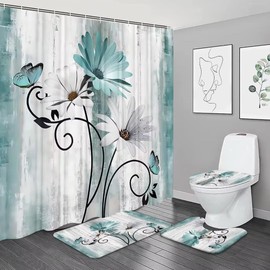 NBVKO 4PCS Rustic Teal Flower Farmhouse Shower Curtain Set,Waterproof Teal Daisy Floral Bathroom Shower Decor Accessory Set
