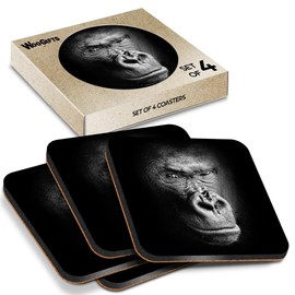 4 x Square Coasters - Black & White Gorilla Wild Animal Cork Backed MDF Glossy Tea Coffee Accessory #63024