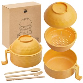 Romooa Microwave Ramen Cooker Set 33 oz Quick Ramen Bowl Set Microwave Noodle Cooker with Handle Ramen Noodle Bowl with Spoon Chopsticks Fork College Dorm Room(Yellow)