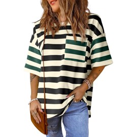 Womens Oversized Color Block Striped Tshirts Summer Casual Short Sleeve Tops Loose Fit Crew Neck Shirts Black