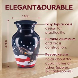 Handcrafted Urn for Ashes Mini Metal Decorative Cremation Sharing Urns, Small Memorial Funeral Urn for Men Adults with American Flag Eagle Finish – A Perfect Tribute & Gift for Families
