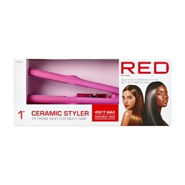 Red by Kiss 1" Ceramic Styler Flat Iron, Up to 450 F Variable Heat Settings for Silky Smooth Hair, Professional Ceramic Plates, Tangle-Free Swivel Cord (Pink)