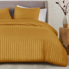 SSW HOMES King Size Duvet Cover Sets Satin Stripes Quilt Cover Bedding Sets with Pillowcases Hypoallergenic Ultra Soft Microfiber (Ochre, 220 x 230 cm)