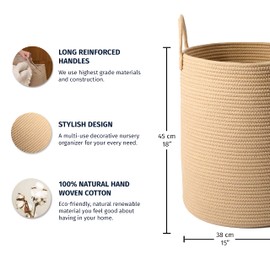 OrganiHaus Large Woven Baskets for Storage 15x18 | Cotton Rope Baskets for Storage | Tall Blanket Basket for Living Room | Nursery Laundry Basket | Big Basket for Toys | Basket For Blankets - Honey