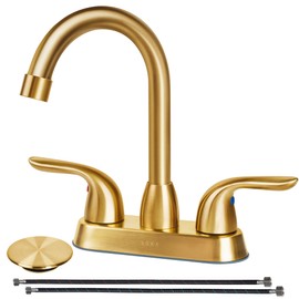SOKA 2 Handle Bathroom Faucet Gold, 4 Inch Gold Bathroom Sink Faucet Centerset with Lift Rod Drain Stopper and Supply Hoses, RV Bathroom Faucet 3 Holes