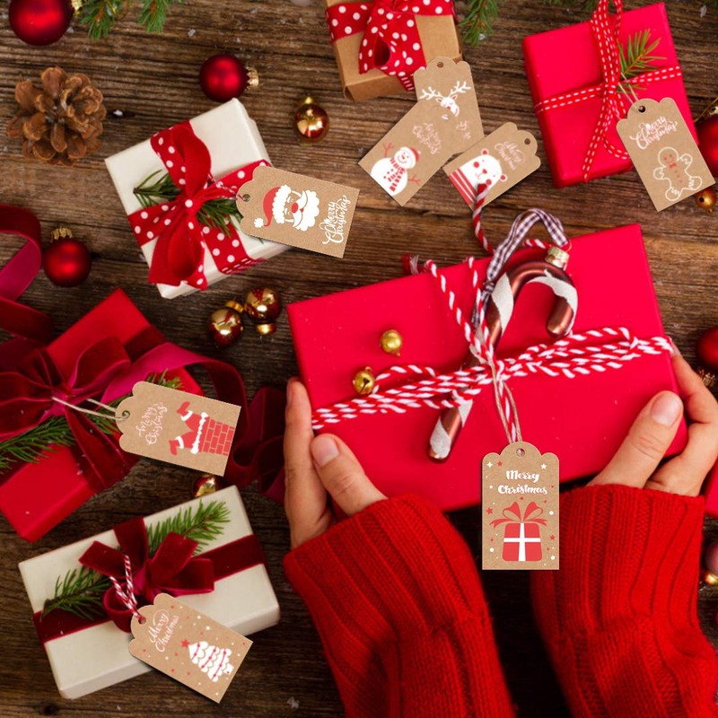 VEYLIN Christmas Paper Tags, 100 Xmas Kraft Paper Name Hanging