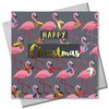 Christmas Card, Flamingoes and Holly, text foiled in shiny gold