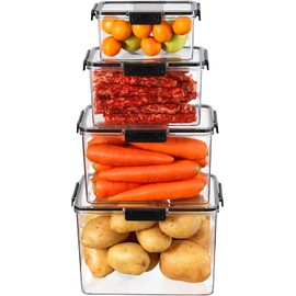 BREEZEE Set de 4 Tupper de PET con Tapa Hermetica, Ideal para Organizador de Refrigerador o Cocina, 4 Medidas Diferentes, Ideal para Alimentos o Cualquier otro Tipo de Objetos, Organizacion del Hogar