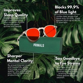 PRIMALS PRIMALS Blue Light Blocking Glasses - Extra Strength - Blocks 99.9% Blue Light - Improves Sleep & Focus - Computer/Gaming/TV/Phones - (Red Lens + Clear Frame)
