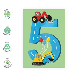 Central 23 Boys 5th Birthday Card - Age 5 - Five Years Old - Tractors Greeting Card - Funny Construction Vehicle Theme Card for Kids - Son, Grandson - With Stickers